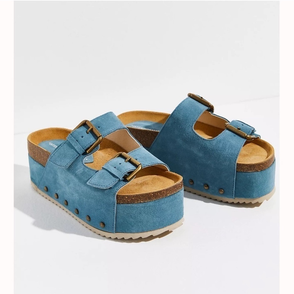 New Free People Rule Breaker Platform Sandals Suede Blue EUR 39